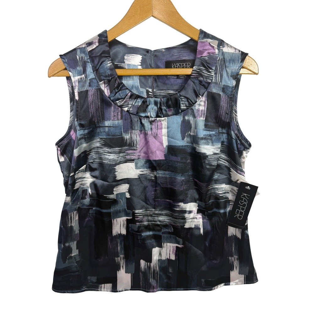 Kasper Abstract Brushstroke Print‎ Satin Ruffle Neck Sleeveless Blouse 6 NWT